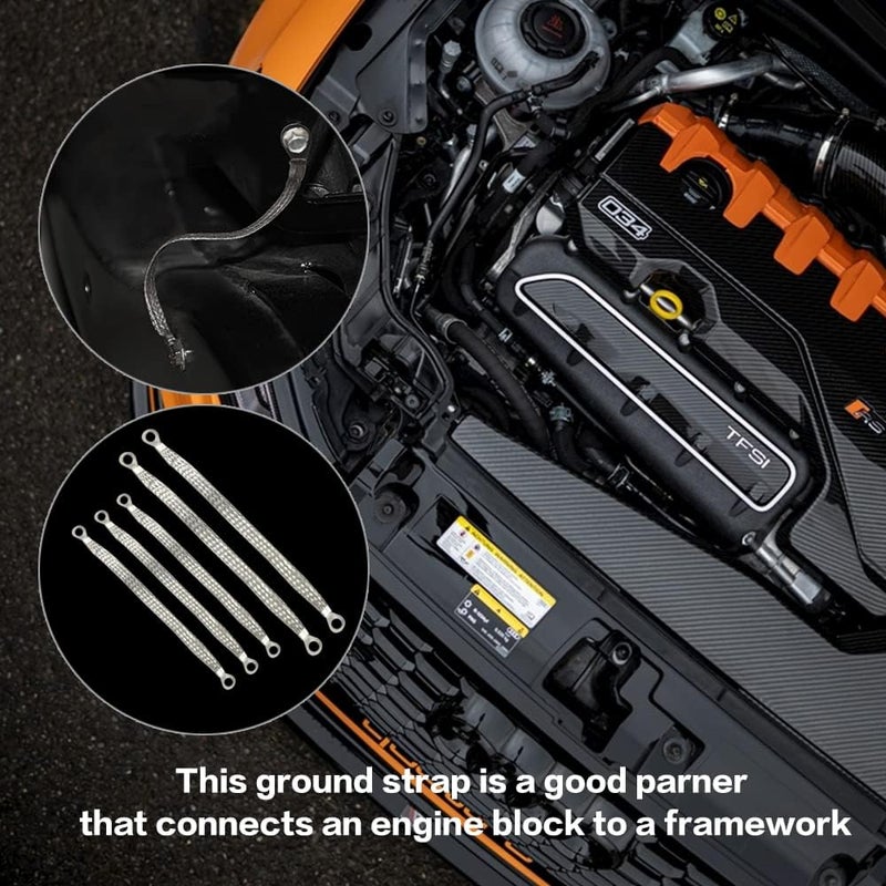 Reswish Universal Flat Braided Copper Ground Strap,Professional Vehicle Grounding Cable Straps with Terminals Plugs,Tinplate Silver Color Automotive Engine Copper Ground Strap for Most Cars - Image 3